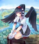  bangs black_hair black_ribbon black_skirt black_wings blue_sky blush breasts closed_mouth cloud collared_shirt commentary_request day eyebrows_visible_through_hair frilled_skirt frills full_body geta gloves hair_between_eyes hat highres lake looking_at_viewer neck_ribbon outdoors partial_commentary pom_pom_(clothes) puffy_short_sleeves puffy_sleeves red_eyes red_footwear red_hat ribbon shameimaru_aya shirt short_hair short_sleeves skirt sky small_breasts socks solo squatting tengu-geta tokin_hat touhou water white_gloves white_legwear white_shirt wings yumibakama_meme 