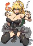  bare_shoulders black_dress blonde_hair blue_eyes bowsette breasts brll cleavage commentary_request crown dress earrings fire flame highres jewelry large_breasts long_hair looking_at_viewer mario_(series) new_super_mario_bros._u_deluxe open_mouth pointy_ears sharp_teeth simple_background smile solo spiked_shell super_crown teeth translated white_background 