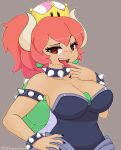  2018 alternate_species animal_humanoid blush bowser bowsette_meme breasts cleavage clothed clothing colored_nails crossgender dark_skin digital_media_(artwork) eyelashes female hair hand_on_hip hi_res horn humanoid humanoidized koopahime looking_at_viewer mario_bros nintendo open_mouth pinkcappachino red_eyes red_hair shell simple_background solo super_crown tongue tongue_out video_games 