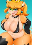  2018 absurd_res anthro armband armwear berseepon09 big_breasts bikini blonde_hair blue_eyes blush bowser breasts camel_toe clothed clothing collar countershade_torso countershading crossgender crown cyan_background digital_media_(artwork) ear_piercing elbow_gloves eyebrows_visible_through_hair fangs female fingerless_gloves gloves gradient_background hair hi_res horn koopa legwear looking_at_viewer mario_bros micro_bikini navel nintendo nipple_bulge piercing scalie simple_background skimpy slightly_chubby smile solo spiked_collar spikes super_crown swimsuit tan_skin thick_thighs video_games 