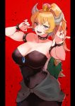  absurdres armlet bare_shoulders black_dress blonde_hair blue_eyes blush borrowed_design bowsette bracelet breasts claw_pose cleavage collar collarbone commentary_request crown dress hands_up highres horns jewelry kate_iwana large_breasts looking_at_viewer mario_(series) nail_polish new_super_mario_bros._u_deluxe open_mouth ponytail red_background red_nails sharp_nails sharp_teeth spiked_bracelet spiked_collar spikes strapless strapless_dress super_crown super_mario_bros. teeth turtle_shell 