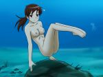  air_bubble barefoot blush brown_hair bubble freediving highres holding_breath jellyfish nipples nude ocean ocean_bottom original paid_reward patreon_reward ponytail saver_(artbysaver) seaweed smile swimming underwater water 