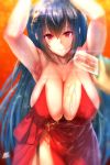  1girl ahoge alcohol armpits arms_up azur_lane bangs bare_shoulders black_hair blurry blurry_background blush breasts champagne champagne_flute choker cleavage cocktail_dress collarbone commentary_request cup dress drinking_glass eyebrows_visible_through_hair garter_straps gold_trim groin hair_between_eyes hair_ornament highres holding holding_cup huge_breasts k.ty_(amejin) large_breasts leaning_forward light_particles long_hair looking_at_viewer one_side_up parted_lips pouring red_choker red_dress red_eyes sidelocks signature smile taihou_(azur_lane) thighs very_long_hair 