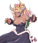  abs ahoge armlet armpits bangs bare_shoulders black_dress black_nails blonde_hair blush bowsette bowsette_(cosplay) bracelet breasts brooch claw_pose cleavage closed_mouth collar collarbone commentary_request constricted_pupils cosplay cowboy_shot crown dark_skin dated dress earrings eyebrows_visible_through_hair fangs fangs_out fingernails from_side green_eyes hair_intakes hands_up high_ponytail hori_shin horns impossible_clothes impossible_dress jewelry lipstick long_dress long_fingernails long_hair looking_at_viewer makeup mario_(series) michelle_(hori_shin) muscle muscular_female nail_polish new_super_mario_bros._u_deluxe original partial_commentary pink_lipstick pointy_ears ponytail sash sharp_fingernails sideboob sidelocks sideways_glance signature simple_background smile solo spiked_armlet spiked_bracelet spiked_collar spiked_shell spikes standing strapless strapless_dress super_crown thick_eyebrows turtle_shell upper_body v-shaped_eyebrows wavy_hair white_background white_sash 
