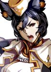  animal_ears black_hair breasts brown_eyes commentary_request erune granblue_fantasy hair_between_eyes hat highres ilsa_(granblue_fantasy) large_breasts looking_at_viewer open_mouth shimashima_(simasima_23) short_hair simple_background solo upper_body v-shaped_eyebrows white_background 