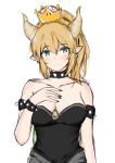  adore_(adoredesu) bare_shoulders black_dress blonde_hair blue_eyes bowsette bracelet breasts collar commentary crown dress highres horns jewelry looking_at_viewer mario_(series) nail_polish new_super_mario_bros._u_deluxe pointy_ears simple_background sketch solo spiked_bracelet spiked_collar spikes strapless strapless_dress super_crown upper_body white_background 