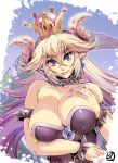  bare_shoulders blonde_hair blue_background bowsette bracelet breasts cleavage collar collarbone commentary crown earrings eyebrows_visible_through_hair fang gradient_hair hand_on_own_chest hisahiko horns jewelry large_breasts lips long_hair looking_at_viewer mario_(series) multicolored_hair new_super_mario_bros._u_deluxe open_mouth purple_eyes purple_hair smile solo spiked_armlet spiked_bracelet spiked_collar spikes super_crown tail upper_body 