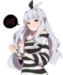  bare_shoulders blush bound bound_wrists bow cuffs eyebrows_visible_through_hair grey_hair hair_bow hair_intakes handcuffs highres idolmaster idolmaster_(classic) long_hair looking_at_viewer nose_blush parted_lips prison_clothes red_eyes shijou_takane shirt simple_background solo spoken_blush striped striped_shirt tears tuxedo_de_cat upper_body white_background 