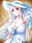  bare_shoulders blue_ribbon breasts brown_background cleavage collarbone copyright_name dress hat hat_ribbon large_breasts official_art pandora_party_project red_eyes ribbon upper_body usagiya_koharu watermark white_dress white_hair white_hat 