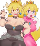  2girls armlet bare_shoulders black_dress black_fingernails blonde_hair blue_eyes blush bowser bowsette bracelet breasts cleavage collar crown dress earrings genderswap genderswap_(mtf) gloves hand_on_another&#039;s_hip highres horns jewelry large_breasts long_hair looking_at_viewer mario_(series) multiple_girls new_super_mario_bros._u_deluxe nintendo open_mouth orange_eyes plump ponytail princess_peach sanjiro_(tenshin_anman) sharp_teeth smile spiked_bracelet spiked_collar spikes strapless strapless_dress super_crown super_mario_bros. tail teeth thick_eyebrows turtle_shell 
