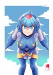  1girl android bent_over blue_eyes blue_helmet boots breasts capcom cloud female helmet leviathan_(rockman) looking_at_viewer medium_breasts rockman rockman_zero sky smile solo thigh_boots thighhighs 
