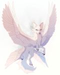  2018 4_toes ambiguous_gender black_claws blue_eyes canine cheek_tuft chest_tuft claws digital_media_(artwork) feathered_canine feathered_wings feathers featureless_crotch feral flying fox fur grey_nose inner_ear_fluff light_theme looking_down mammal maplespyder multi_wing paws quadruped simple_background snout solo spread_wings toe_claws toes tuft white_background white_feathers white_fur white_wings wings 