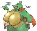 anthro big_breasts bracelet breasts cape claws clothing crossgender crown donkey_kong_(series) english_text female gats green_skin jewelry king_k_rool mostly_nude navel nintendo nipples reptile scalie sharp_teeth simple_background smile solo teeth text thick_thighs video_games white_background 