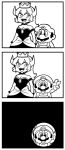  1girl 3koma armlet bangs bkub bowsette collar comic commentary_request crown dress earrings eyes_visible_through_hair facial_hair greyscale hat highres horns jewelry long_hair looking_at_viewer mario mario_(series) monochrome mustache new_super_mario_bros._u_deluxe open_mouth overalls sharp_teeth short_hair sidelocks silent_comic simple_background spiked_armlet spiked_collar spikes strapless strapless_dress super_crown super_mario_bros. super_mario_world teeth v white_background 