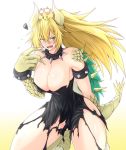  armlet bare_shoulders blonde_hair blue_eyes blush bowsette bracelet breasts cleavage collar commentary_request crown dress g_(desukingu) giga_bowser highres horns jewelry large_breasts long_hair looking_at_viewer mario_(series) miffed new_super_mario_bros._u_deluxe pointing pointing_at_self ponytail scales sharp_teeth shell solo spiked_armlet spiked_bracelet spiked_collar spikes squatting super_crown super_smash_bros. tail teeth thick_eyebrows torn_clothes white_background 
