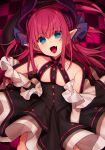  :d bangs black_dress blue_eyes breasts checkered checkered_background commentary_request curled_horns detached_sleeves dragon_horns dress elizabeth_bathory_(fate) elizabeth_bathory_(fate)_(all) eyebrows_visible_through_hair fangs fate/extra fate/extra_ccc fate_(series) hair_between_eyes hair_ribbon hand_on_hip head_tilt horns karokuchitose long_sleeves looking_at_viewer open_mouth pointy_ears purple_ribbon red_eyes ribbon small_breasts smile solo tongue two_side_up 