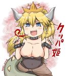  :d artist_name bangs black_dress black_nails blonde_hair blue_eyes blush bowsette bracelet breasts cleavage collar commentary crown dress earrings eyebrows_visible_through_hair fangs fingernails fire hair_between_eyes hands_up horns jewelry large_breasts mario_(series) mini_crown nail_polish new_super_mario_bros._u_deluxe noai_nioshi open_mouth sharp_teeth signature smile solo spiked_bracelet spiked_collar spiked_tail spikes strapless strapless_dress super_crown tail teeth translated v-shaped_eyebrows 