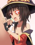  asterisk_(artist) black_hair blush cape censored dress eyepatch fellatio fingerless_gloves gloves handjob hat kono_subarashii_sekai_ni_shukufuku_wo! looking_at_viewer megumin open_mouth oral penis red_eyes short_hair solo witch_hat 