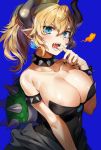  areola_slip areolae bare_shoulders blonde_hair blue_background blue_eyes blush bowsette breasts cleavage collar collarbone commentary_request crown dress finger_to_mouth fire gijang horns large_breasts looking_at_viewer mario_(series) new_super_mario_bros._u_deluxe open_mouth pointy_ears sharp_teeth shell shiny shiny_skin shoulder_spikes simple_background spiked_collar spikes super_crown teeth upper_body 