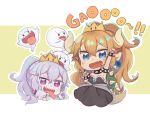  2girls :p armpits arms_up blonde_hair blue_eyes blush boo bowsette bracelet chibi collar commentary_request crown dress eyebrows_visible_through_hair fang gao hair_between_eyes horns jewelry luigi's_mansion mario_(series) multiple_girls new_super_mario_bros._u_deluxe open_mouth pointy_ears princess_king_boo purple_eyes sharp_teeth simple_background spiked_bracelet spiked_collar spikes super_crown tail teeth tongue tongue_out totatokeke turtle_shell white_hair 