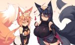  ;3 absurdres animal_ear_fluff animal_ears arms_up bare_shoulders black_gloves black_hair black_legwear black_ribbon blue_eyes blush breasts bridal_gauntlets covered_collarbone disembodied_limb ear_piercing elbow_gloves eyebrows_visible_through_hair fang fox_ears fox_girl fox_tail gloves hair_between_eyes hair_ornament hair_ribbon hairclip half-closed_eye hand_on_another's_head heart highres japanese_clothes kiri_(sub-res) large_breasts large_tail long_hair long_sleeves looking_at_viewer multiple_girls notched_ear one_eye_closed orange_hair original parted_lips petting piercing red_eyes ribbon sash short_hair sleeveless small_breasts smile sub-res suzu_(sub-res) tail tail_wagging thighhighs wide_sleeves 