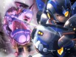  1girl 2boys android arm_cannon carrying colonel eyes_closed gloves hat helmet iris_(rockman_x) long_hair low-tied_long_hair multiple_boys napo power_armor princess_carry rockman rockman_x rockman_x4 unconscious weapon white_gloves x_(rockman) 