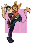  2018 angela_cross breasts carrying clothed clothing cuddling duo fangs feline female fur happy hug larger_female lombax male mammal open_mouth ponytail ratchet ratchet_and_clank shiraae size_difference smaller_male smile standing striped_fur stripes suit teeth video_games 