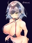  ahoge bangs bare_shoulders bikini black_background black_bikini black_choker blush breasts choker collarbone commentary_request cosplay covered_nipples cropped_torso eyebrows_visible_through_hair fate/grand_order fate_(series) from_above hair_between_eyes headpiece highres jeanne_d'arc_(alter)_(fate) jeanne_d'arc_(alter_swimsuit_berserker) jeanne_d'arc_(alter_swimsuit_berserker)_(cosplay) jeanne_d'arc_(fate)_(all) large_breasts long_hair looking_at_viewer micro_bikini navel o-ring o-ring_bikini o-ring_top shiny shiny_skin sideboob silver_hair solo stomach swimsuit tsukinon twitter_username underboob untied untied_bikini untying upper_body yellow_eyes 