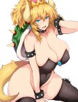  black_legwear blonde_hair blue_eyes bowsette bracelet breasts collar commentary_request crown highleg highleg_leotard highres horns huge_breasts jewelry leotard mario_(series) new_super_mario_bros._u_deluxe simple_background solo spiked_bracelet spiked_collar spikes super_crown tail thighhighs tsukasawa_takamatsu white_background 