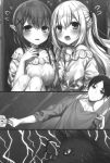  1boy 2girls berry_(loli_elf) blush elf expressionless komeshiro_kasu lemon_(loli_elf) monochrome monster moto_yuusha_wa_loli_elf_mura_wo_harem_ni_dekimashita multiple_girls novel_illustration pointy_ears sword weapon 