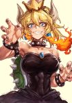  armpits bare_shoulders black_dress blonde_hair blue_eyes bowsette bracelet breasts breathing_fire collar collarbone commentary_request covered_navel crown dated dress earrings eyelashes fire highres jewelry lain large_breasts looking_at_viewer mario_(series) nail_polish new_super_mario_bros._u_deluxe pointy_ears ponytail sharp_teeth shell solo spiked_armlet spiked_bracelet spiked_collar spikes strapless strapless_dress super_crown teeth toned twitter_username 