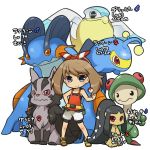  belt bike_shorts black_shirt blush bow breloom brown_hair character_name chibi closed_mouth commentary_request contrapposto fukurou_(owl222) gen_3_pokemon grey_shorts hair_bow hairband haruka_(pokemon) holding lanturn looking_at_viewer mars_symbol mawile mightyena pelipper poke_ball poke_ball_(generic) pokemon pokemon_(creature) pokemon_(game) pokemon_oras pouch purple_eyes shirt shoes shorts simple_background smile sneakers standing swampert venus_symbol white_background 