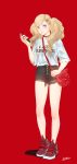  bag black_shorts blonde_hair blue_eyes brown_choker cellphone choker closed_mouth clothes_writing commentary_request full_body hair_ornament hairclip highres holding holding_cellphone holding_phone justin_leyva_(steamy_tomato) light_blush looking_at_viewer persona persona_5 phone red_background red_footwear shirt shoes shorts shoulder_bag signature simple_background smartphone sneakers solo takamaki_anne twintails white_shirt 