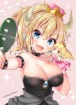  :d bad_perspective bangs black_dress blonde_hair blue_eyes bowsette bracelet breasts brown_background character_doll cleavage collar collarbone commentary_request crown dress earrings eighth_note eyebrows_visible_through_hair fang hair_between_eyes hand_mirror head_tilt highres holding holding_mirror horns jewelry komiya_hitoma large_breasts long_hair mario_(series) mini_crown mirror musical_note new_super_mario_bros._u_deluxe open_mouth outstretched_arm pointy_ears princess_peach romaji sharp_teeth smile solo sparkle spiked_bracelet spiked_collar spikes strapless strapless_dress super_crown teeth translated twitter_username 