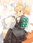  :d backpack bag bangs bare_shoulders black_dress blonde_hair blue_eyes blush bowsette bracelet check_commentary collar commentary_request crown dress fang garun_wattanawessako hand_up highres jewelry looking_at_viewer looking_back mario_(series) mini_crown new_super_mario_bros._u_deluxe open_mouth ponytail randoseru smile solo spiked_bracelet spiked_collar spiked_tail spikes super_crown tail v-shaped_eyebrows white_background younger zoom_layer 