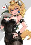  absurdres armlet bangs bare_shoulders black_legwear black_leotard black_nails blonde_hair blue_eyes blush bowsette bracelet breasts cleavage collar colored_eyelashes commentary covered_navel cowboy_shot crown from_side gem grey_background grin hair_between_eyes hair_tie half-closed_eyes hand_on_hip hand_up heart high_ponytail highres holding horns jewelry large_breasts leotard lizard_tail looking_at_viewer mario_(series) medium_hair nail_polish naughty_face new_super_mario_bros._u_deluxe pantyhose parted_bangs pointy_ears ponytail sapphire_(stone) sharp_teeth short_pointy_ears sideways_glance smile solo speech_bubble spiked_armlet spiked_bracelet spiked_collar spiked_tail spikes spoken_heart standing strapless strapless_leotard super_crown tail teeth tem10 thick_eyebrows thighband_pantyhose thighs turtle_shell two-tone_background v-shaped_eyebrows wavy_hair white_background 