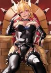  black_gloves black_legwear black_leotard blonde_hair bowsette breasts cleavage collar commentary_request covered_navel crown earrings elbow_gloves fingerless_gloves garter_straps gloves hair_between_eyes highres horns jewelry kilye_4421 large_breasts leotard mario_(series) new_super_mario_bros._u_deluxe red_eyes sharp_teeth shiny shiny_clothes sitting solo spiked_armlet spiked_collar spiked_thighlet spikes super_crown tail teeth thick_eyebrows throne 
