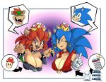  alternate_species animal_humanoid big_breasts blue_hair bowser bowsette_meme bracelet breasts bust_portrait cleavage clothed clothing collar crossgender crossover crown cuisine duo ear_piercing fangs female gloves green_eyes hair humanoid innuendo jewelry koopahime logo mario_bros mushroom nintendo one_eye_closed open_mouth open_smile piercing portrait red_eyes red_hair simple_background smile sonic_(series) sonic_the_hedgehog speech_bubble spiked_collar spikes spring super_crown video_games wink 