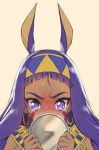  alternate_hairstyle animal_ears bangs blunt_bangs blush commentary earrings embarrassed english_commentary facial_mark fate/grand_order fate_(series) forehead frown grey_background hairband highres holding hoop_earrings jackal_ears jewelry long_hair mirror nitocris_(fate/grand_order) nose_blush purple_eyes purple_hair simple_background solo sweat sweating_profusely tearing_up tears tonee 
