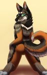  2018 anthro bedroom_eyes bulge butt caim canine curled_tail digital_media_(artwork) fur half-closed_eyes hi_res inner_ear_fluff looking_at_viewer looking_back male mammal may825 multicolored_eyes multicolored_fur nude rainbow_eyes seductive simple_background wolf 