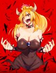  armlet bare_shoulders black_dress blonde_hair bowsette bracelet breasts cleavage collar commentary_request crown detached_sleeves dress earrings highres horns jewelry long_hair long_sleeves looking_at_viewer mario_(series) nail_polish new_super_mario_bros._u_deluxe open_mouth red_background red_eyes red_nails sharp_teeth spiked_armlet spiked_bracelet spiked_collar spikes strapless strapless_dress super_crown super_mario_bros. teeth tsuyoshi_takaki 