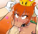  1boy 1girl :&gt;= armlet bare_shoulders blush bowsette breasts collar crown dark_skin darm_engine fellatio from_above gloves grabbing hat heart horn_grab horns large_breasts licking licking_penis looking_up mario mario_(series) new_super_mario_bros._u_deluxe nintendo oral ponytail pubic_hair red_eyes red_hair saliva spiked_collar spikes stray_pubic_hair super_crown super_mario_bros. thick_eyebrows tongue tongue_out turtle_shell 