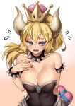  absurdres arm_behind_back bangs bare_shoulders black_dress black_nails blonde_hair blue_eyes bowsette box breasts cleavage collar collarbone commentary_request crown dress embarrassed eyelashes flying_sweatdrops gift gradient gradient_background hand_on_own_chest heart heart-shaped_box heart-shaped_pupils highres holding horns kaorihero large_breasts long_hair looking_away looking_down mario_(series) nail_polish new_super_mario_bros._u_deluxe open_mouth pink_background ponytail sharp_teeth shiny shiny_skin sidelocks solo spiked_collar spikes strapless strapless_dress super_crown symbol-shaped_pupils teeth valentine 