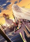  altera_(fate) back barefoot brown_hair cloud cloudy_sky commentary dress faceless faceless_female fate/extella fate/extra fate_(series) from_behind full_body_tattoo headdress highres holding holding_sword holding_weapon kishinami_hakuno_(female) legs long_dress long_hair multicolored multicolored_sky multiple_girls outdoors photon_ray skirt sky sword tattoo veil weapon white_dress white_skirt xinweikun 