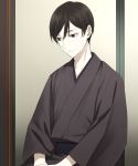  black_eyes black_hair black_kimono chimachi hair_between_eyes hands_together highres japanese_clothes kimono looking_down male_focus pale_skin sash shouwa_genroku_rakugo_shinjuu sitting smile solo yuurakutei_yakumo 