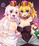  bare_shoulders black_nails blonde_hair blue_eyes boo bowsette bracelet breasts cleavage collar collarbone commentary_request covered_navel crown dress earrings eyebrows_visible_through_hair gloves gradient gradient_background horns jewelry large_breasts long_hair looking_at_viewer luigi's_mansion mario_(series) marota multiple_girls nail_polish new_super_mario_bros._u_deluxe open_mouth pink_eyes pointy_ears ponytail princess_king_boo purple_background sharp_teeth short_hair smile spiked_armlet spiked_bracelet spiked_collar spikes super_crown super_mario_bros. teeth tongue tongue_out twitter_username white_dress white_gloves white_hair 