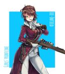  blush bolt_action braid brown_hair eyebrows eyebrows_visible_through_hair girls_frontline gloves green_eyes gun highres lee-enfield lee-enfield_(girls_frontline) military military_uniform pants rifle saragada scope smile tight tight_pants uniform weapon 