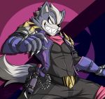  2018 anthro belt canine claws clothed clothing digital_media_(artwork) fingerless_gloves frieddough_(artist) fur gloves grey_fur grin gun male mammal muscular nintendo pants ranged_weapon red_eyes simple_background smile solo standing star_fox teeth video_games weapon white_fur wolf wolf_o&#039;donnell 