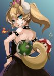  absurdres backless_dress backless_outfit bare_shoulders blonde_hair blue_eyes bowsette bracelet breasts collar commentary_request crown dress earrings from_behind grin highres horns jewelry large_breasts looking_at_viewer looking_back mario_(series) mushroom new_super_mario_bros._u_deluxe ponytail ruu_bot sharp_teeth shell smile solo spiked_bracelet spiked_collar spikes super_crown super_mushroom tail teeth 