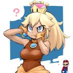  1girl ? bangs bare_shoulders blonde_hair blue_eyes blue_overalls breasts brooch closed_mouth commentary_request crown dress earrings fangs fangs_out frown gloves goomba hands_on_own_face hat jewelry long_hair looking_up mario mario_(series) medium_breasts new_super_mario_bros._u_deluxe orange_gloves overalls personification ponytail red_hat sleeveless sleeveless_dress spoken_question_mark super_crown super_mario_bros. wang-pac 
